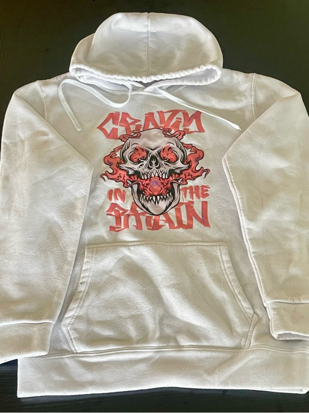 White Graphic Hoodie with Red Skull Design